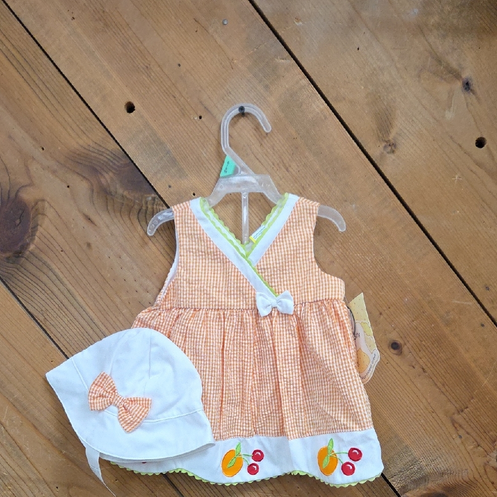 New Little Bitty 3pc Orange Gingham Dress and Hat Set.  6-9months.